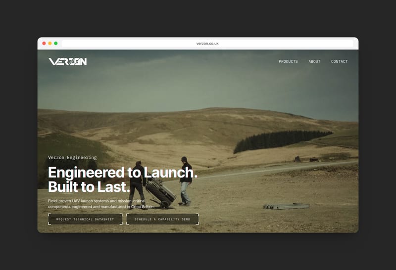The Verzon Engineering homepage, with field footage behind the headline