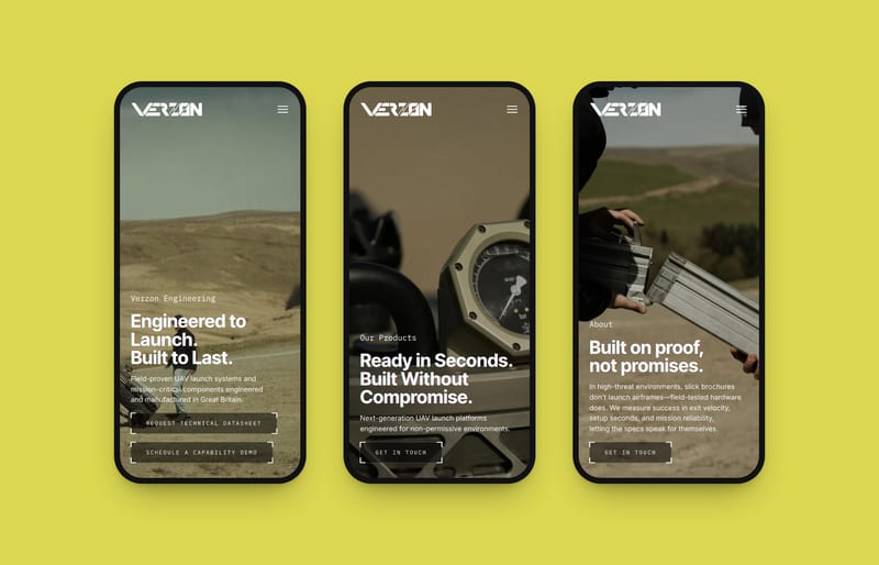The Verzon Engineering website on three phones