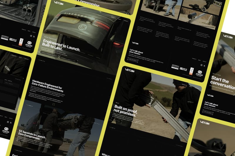 Pages from the Verzon Engineering website arranged in a grid